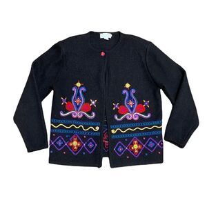 Doncaster Sport Vintage Black Embroidered Wool Cardigan Sweater